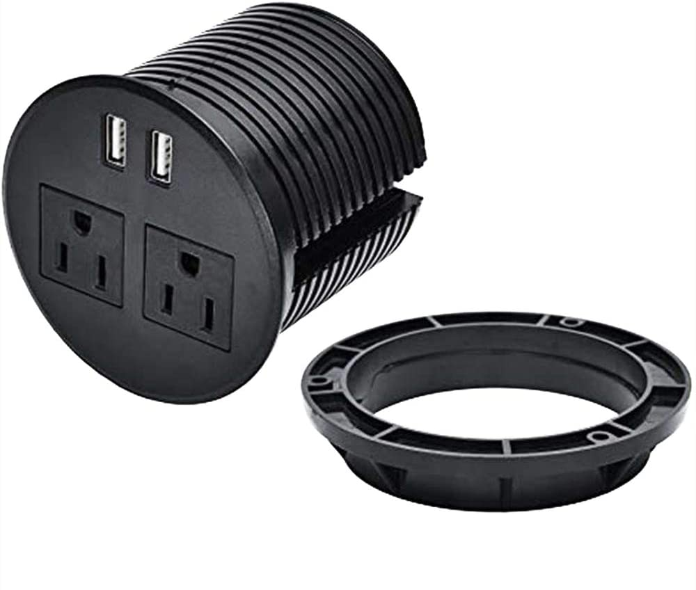 White UL Certified Desktop Power Grommet with Two Power Sockets, Two Quick USB Charging Ports, 6FT Power Cord and Lock Ring