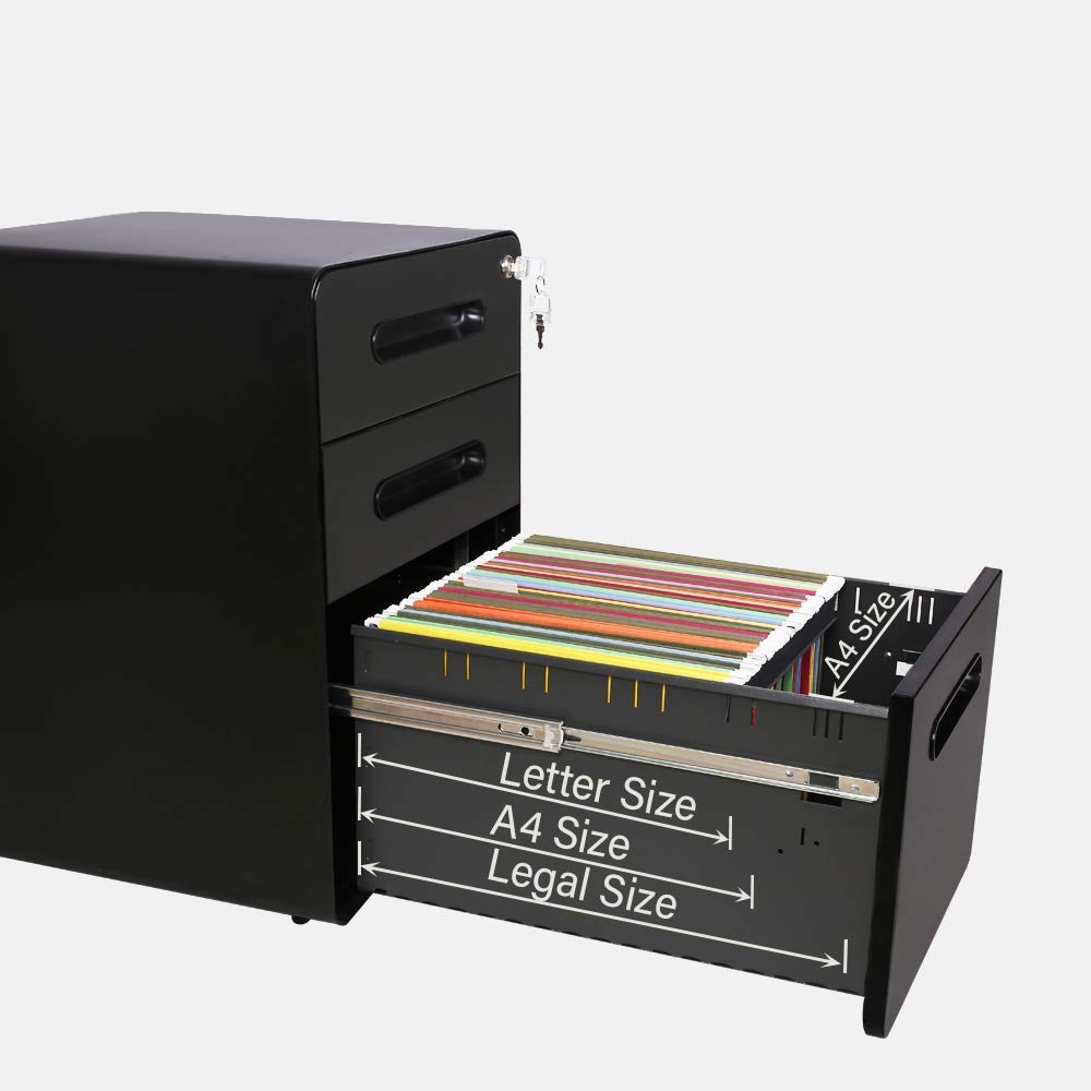 3-Drawer Metal Mobile File Cabinet with Locking Keys