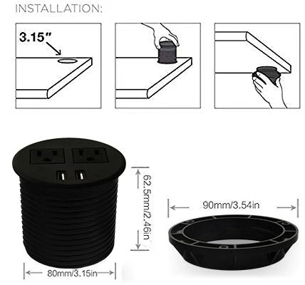 UL Certified Desktop Power Grommet with 2xAC Outlet, 2xUSB Charging Ports