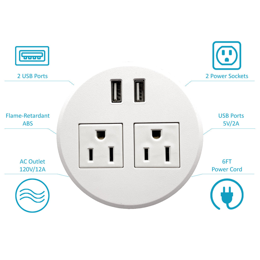 UL Certified Desktop Power Grommet with 2xAC Outlet, 2xUSB Charging Ports